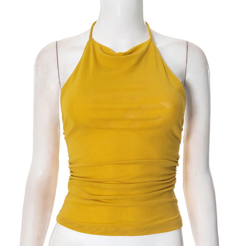 Women's Solid Color Sexy Backless Mesh Halter Blouses