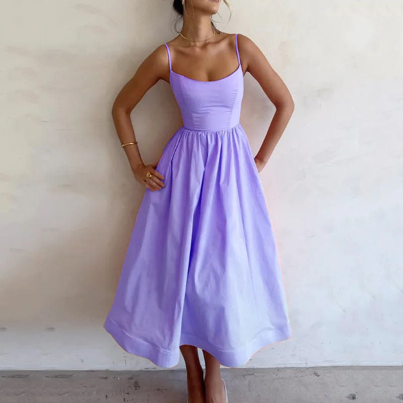 Women's Color Sexy Collar Fitted Waist Pleated Dresses