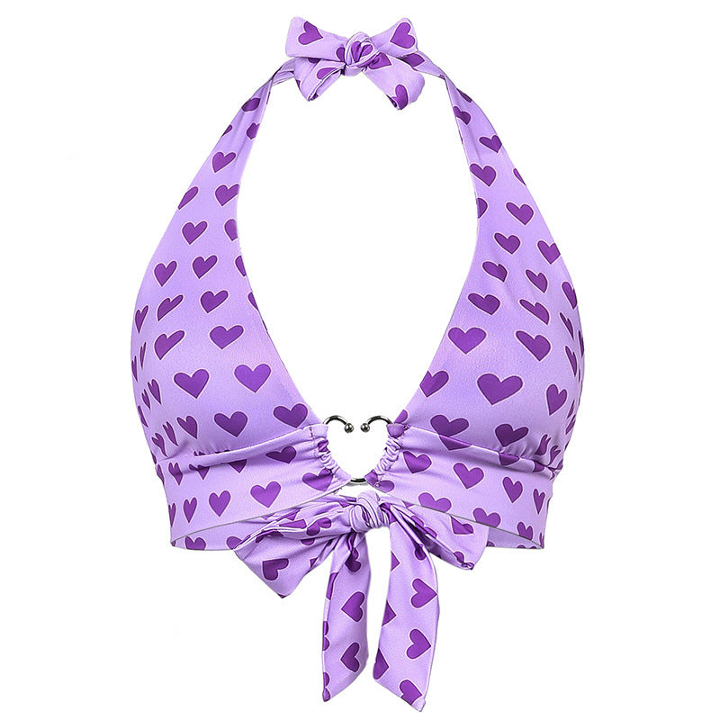Sweet Loving Heart Printed Metal Buckle Halter Strap Outer Tops