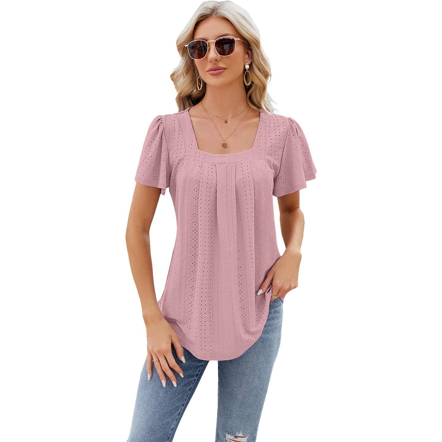 Women's Pleated Square Collar Jacquard Short-sleeved Dovetail Blouses