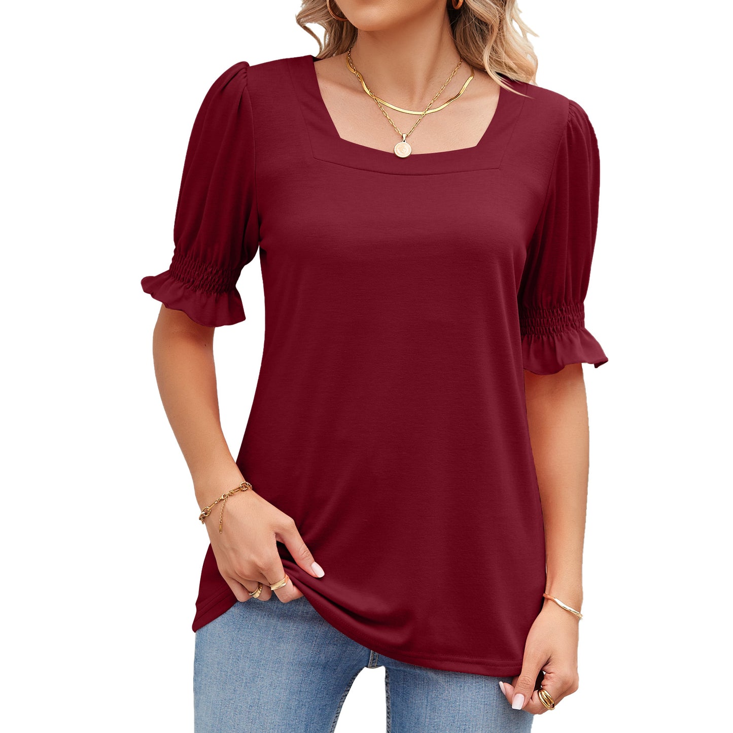 Summer Solid Color Square Collar Princess Blouses