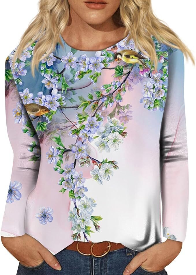 Women's Round Neck Long Sleeve Loose Print Blouses