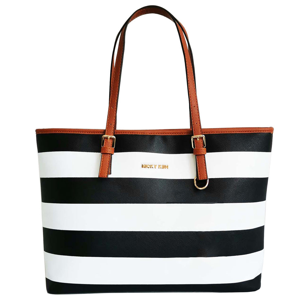 Women's Navy Style Bold Stripes Cross Pattern Leather Shoulder Bags