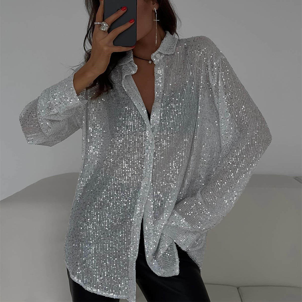 Women's Sequin Lapel Long Sleeve Sexy Shirt Blouses