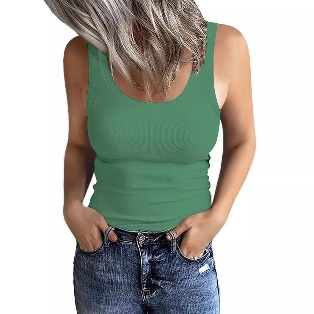 Women's Sleeveless Low Round Neck Ribbed Slim Tops