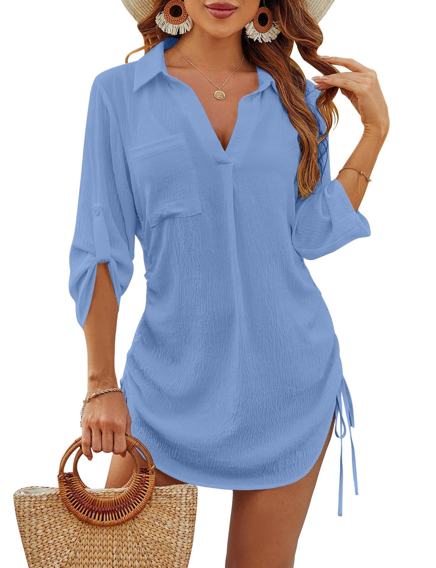 Women's Bikini Cover Up Drawstring Beach Dress Blouses