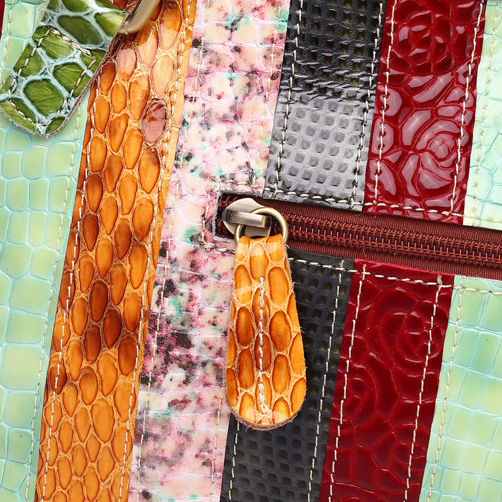 Women's Genuine Leather Trendy Snake Pattern Flower Contrasting Color Fashion Handbags