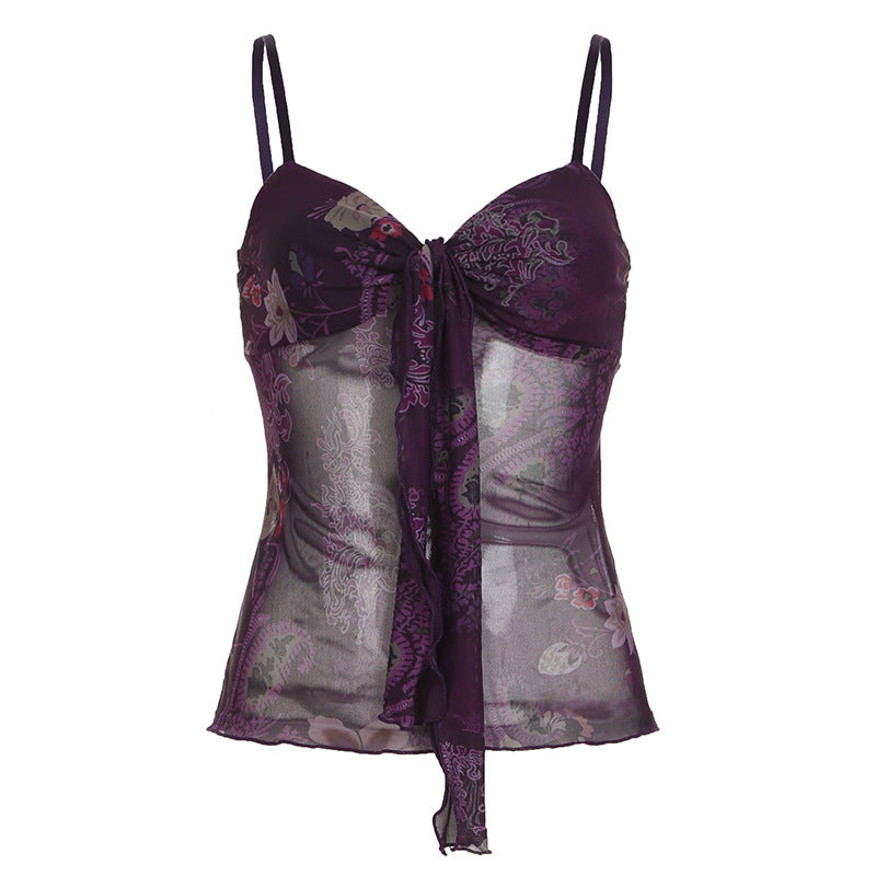 Printed Camisole French Pleated Lace Up Tops