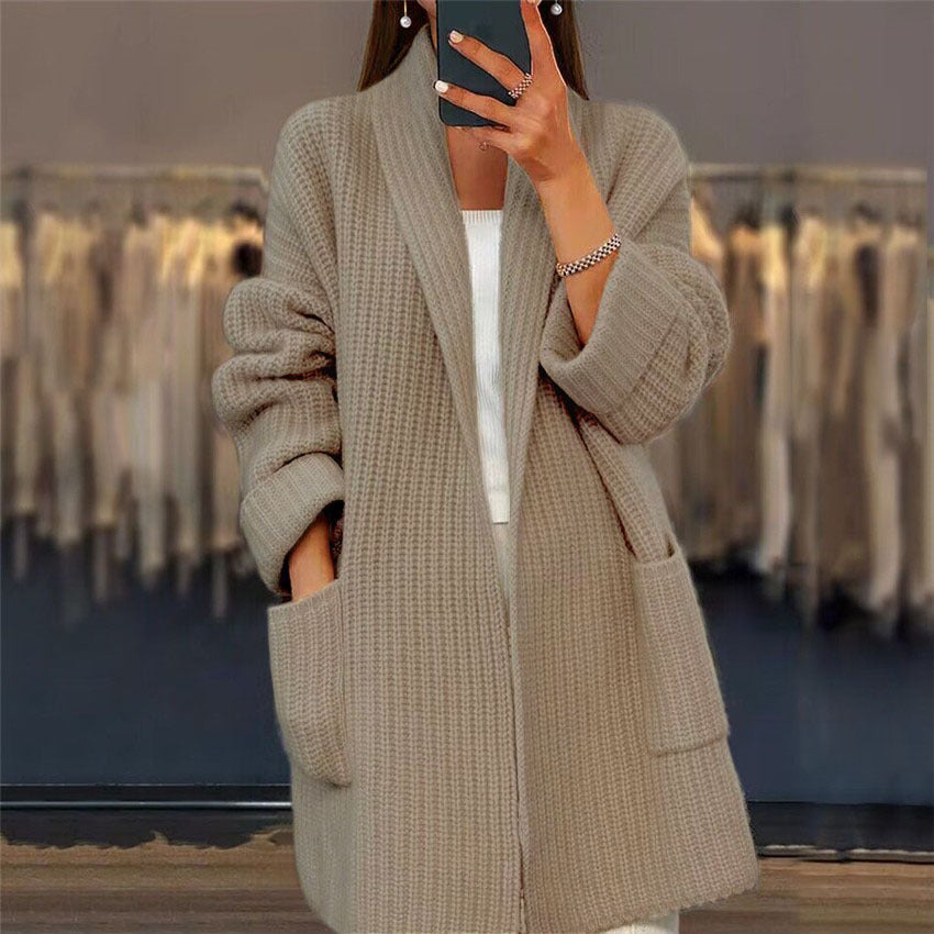 Women's Thickened Solid Color Knitted Loose Pockets Coats