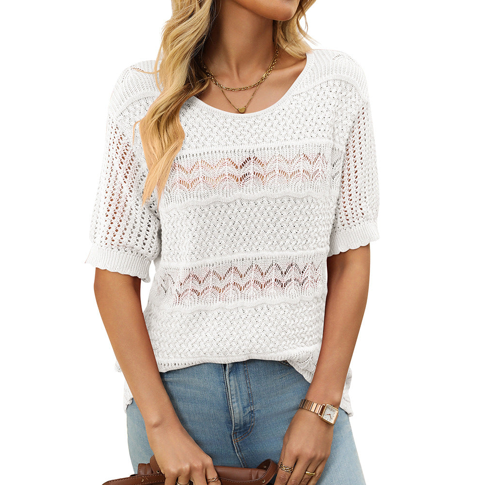 Women's Round Neck Sleeve Sexy Knitted Crocheted Sweaters