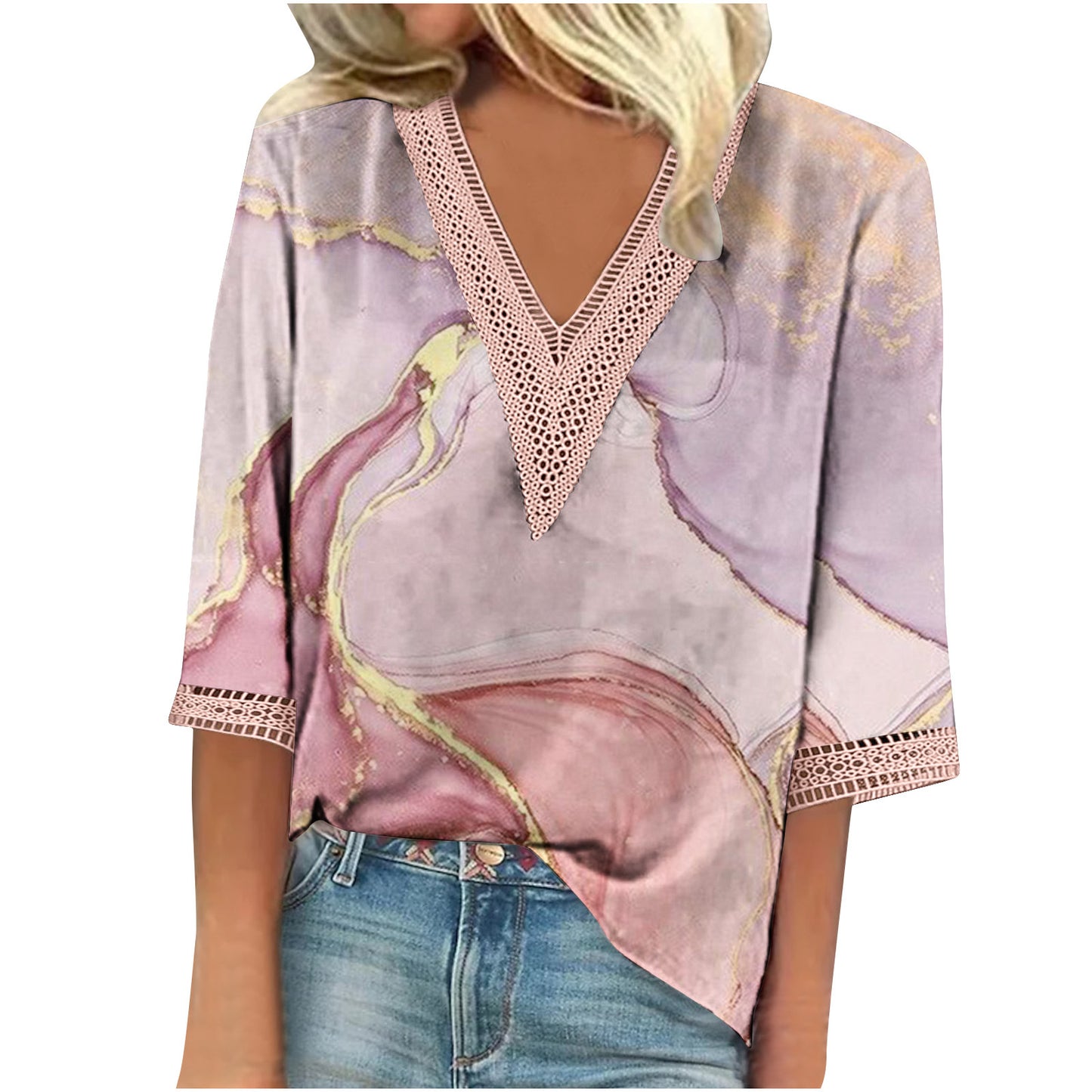 Women's Summer Printed Lace Stitching Sleeve T-shirt Blouses