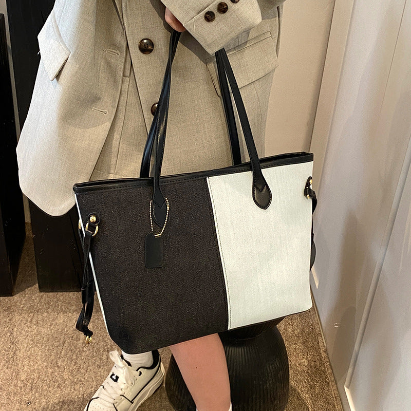 Women's Large Capacity Denim Fashion Stitching Contrast Shoulder Bags