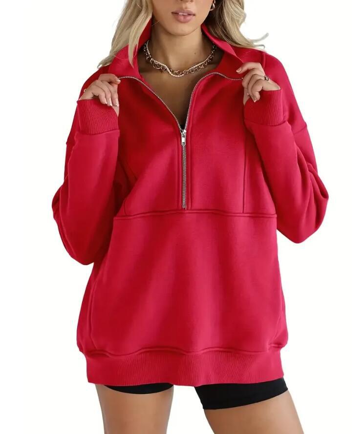 Women's Zipper Patchwork Pocket Brushed Hoody Loose Sweaters