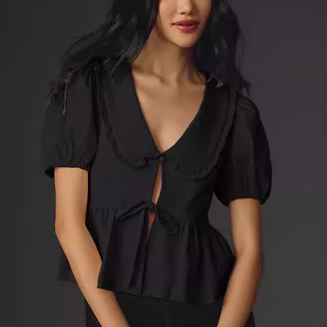 Solid Color Sleeve Lace Up Peter Pan Blouses