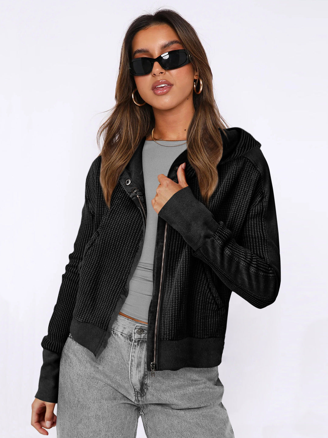 Women's Patchwork Long-sleeved Casual Zipper Trendy Hoodie Sweaters