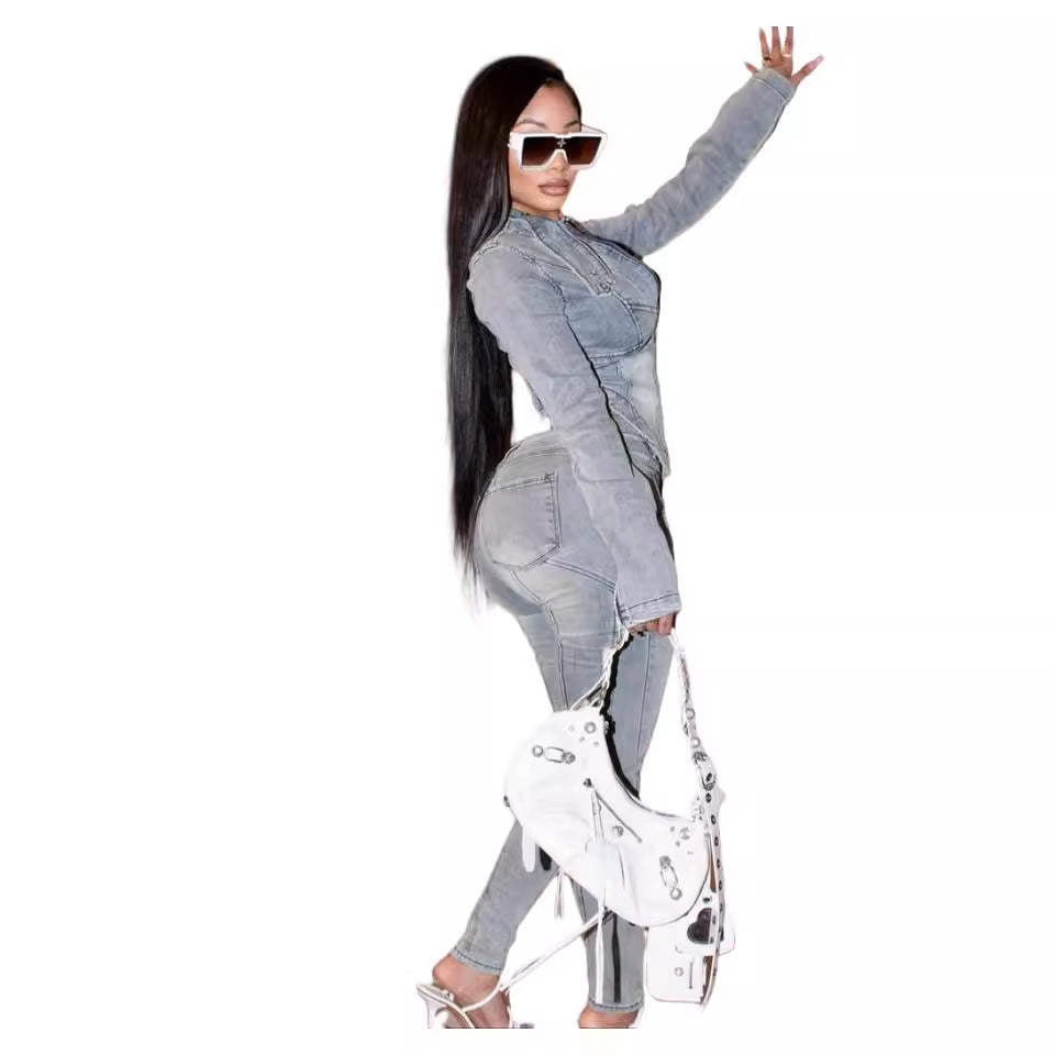 Glamorous Autumn Denim Fashion Stretch Trousers Suits