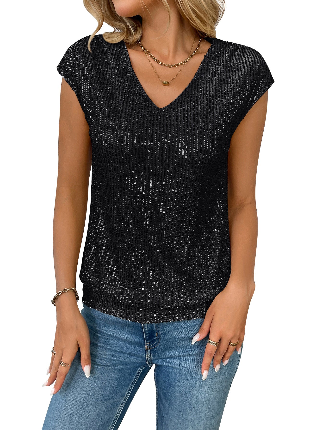Women's Pretty Casual Summer Sequins Short-sleeved Blouses