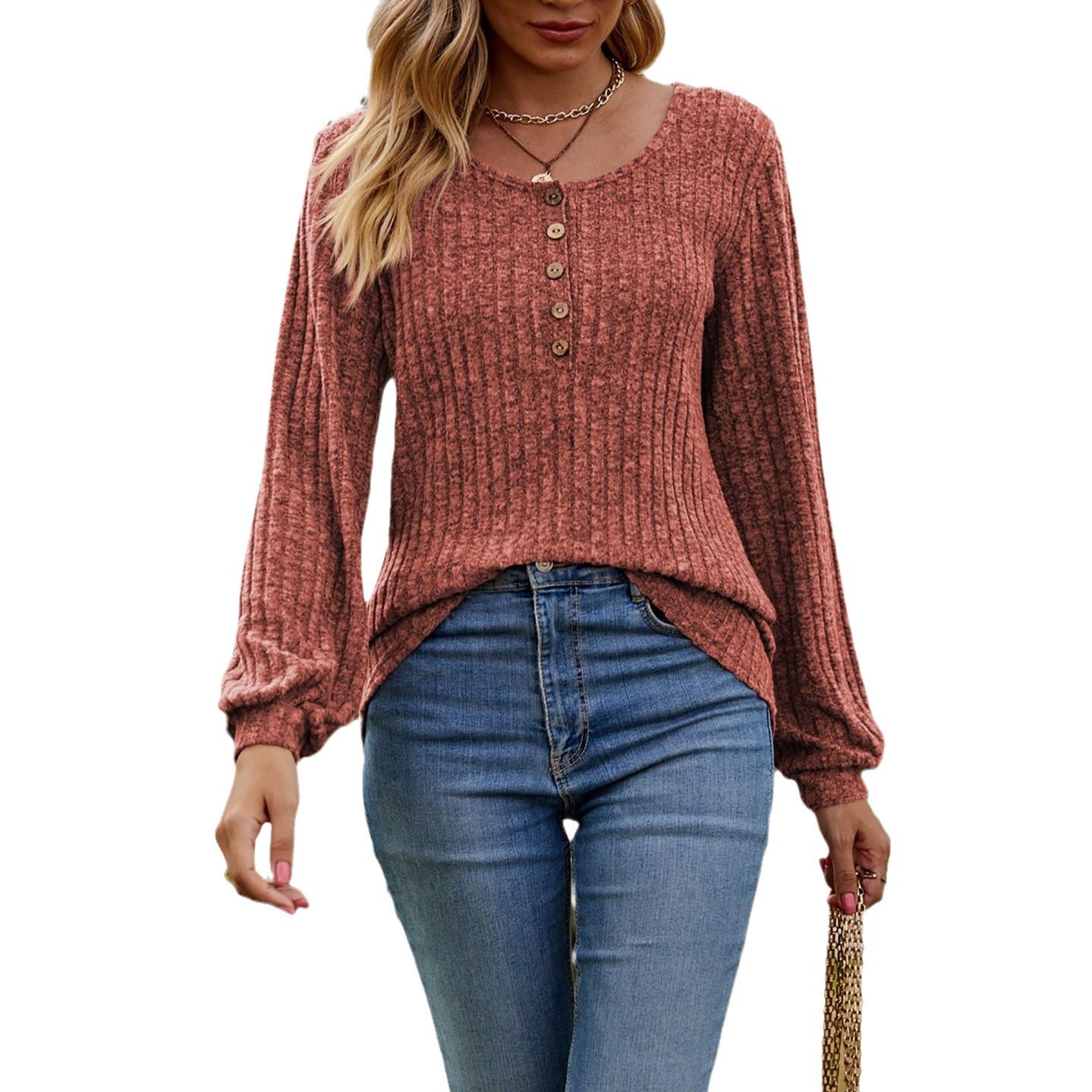 Women's Brushed Solid Color Buttons Stitching Long Clothing
