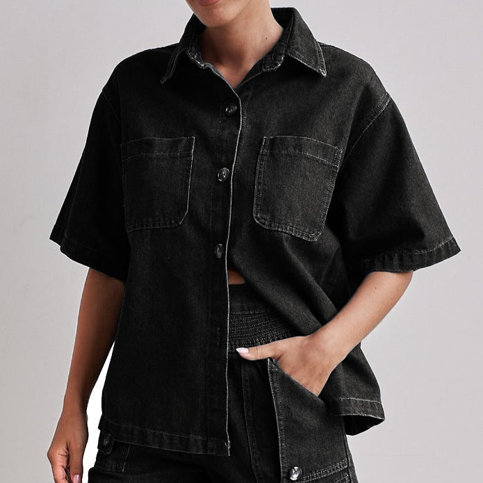 Women's Summer Casual Retro Loose Shirt Denim Suits