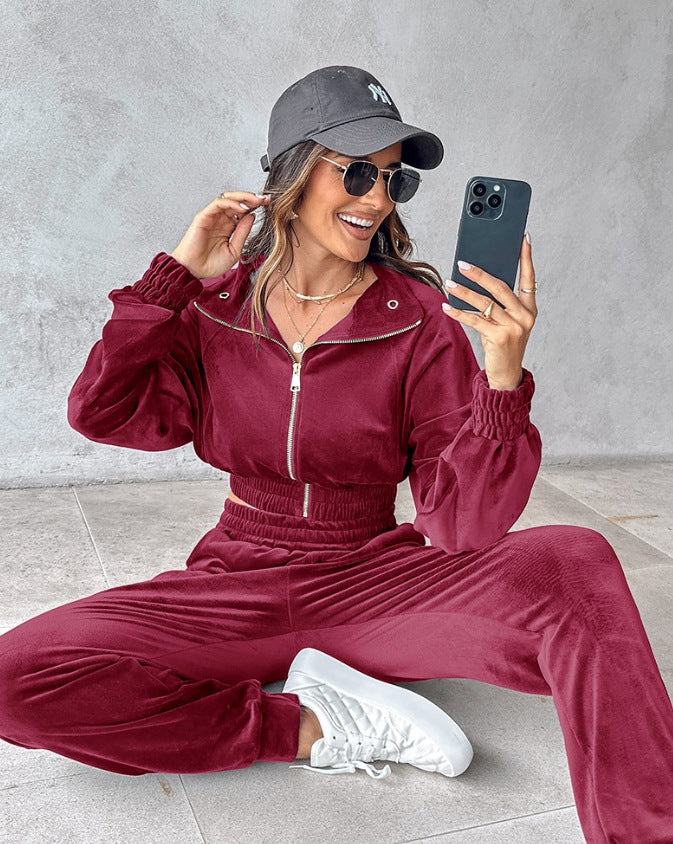 Women's Fashion Casual Zipper Fastener Decoration Veet Suits