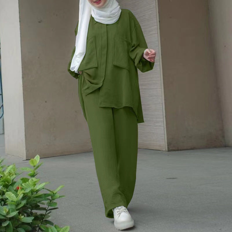 Muslim Long Sleeve Patch Pocket Hidden Placket Clothing