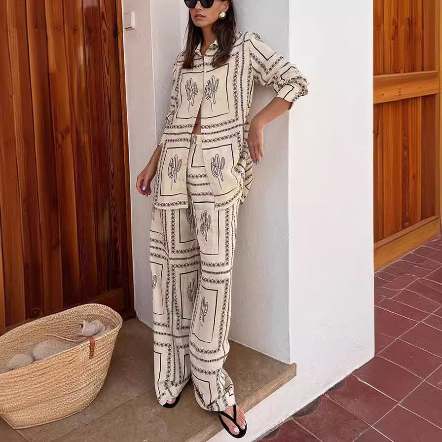 Printed Long-sleeved Shirt Trousers Two-piece Home Suits