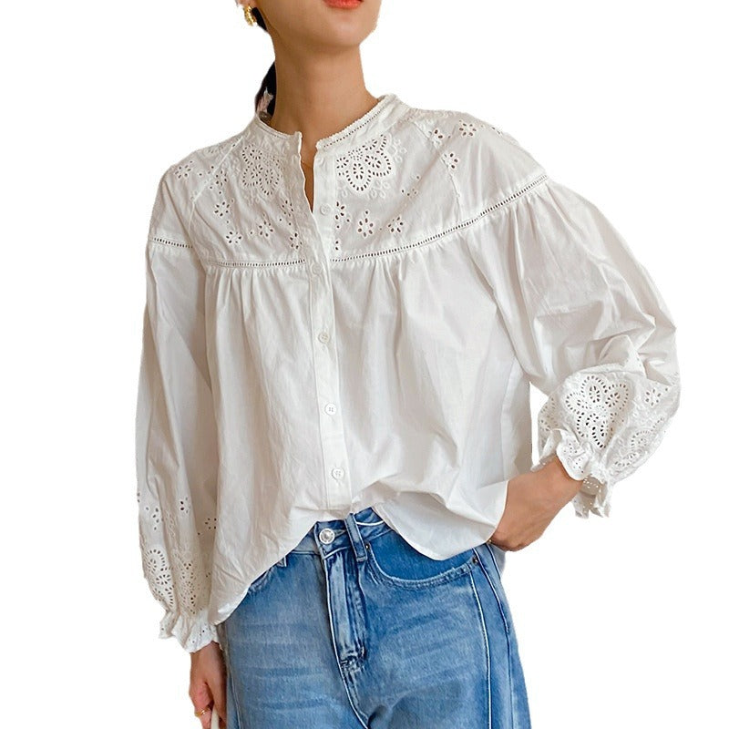 Women's French Embroidery White Shirt Long Sleeve Temperament Blouses