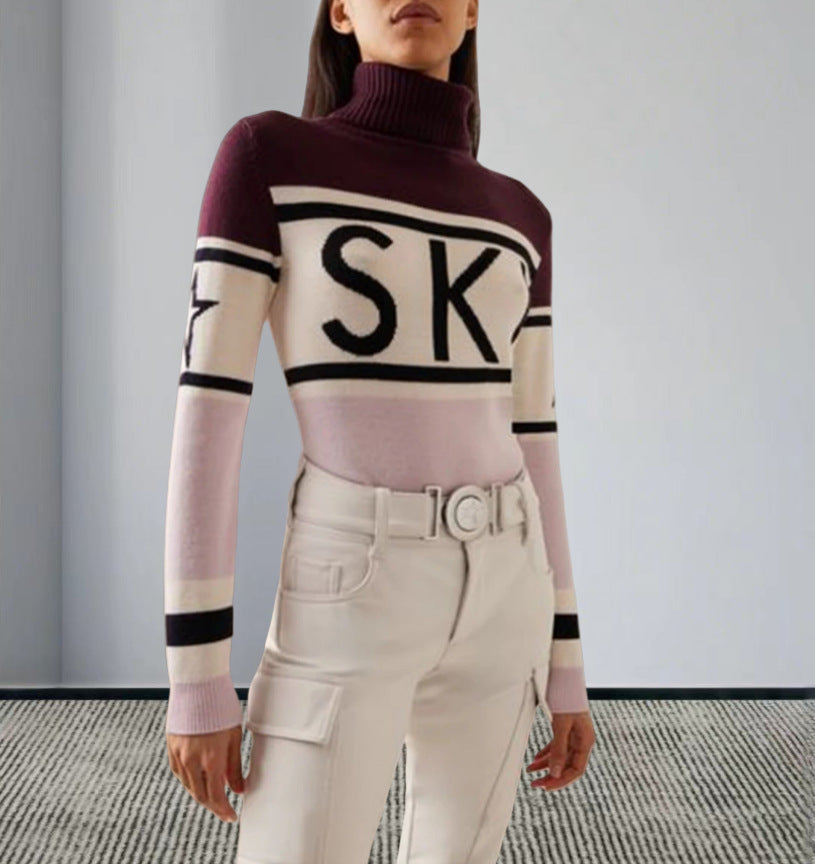 Star Letters Printed Turtleneck Fashionable Elegant Sweaters