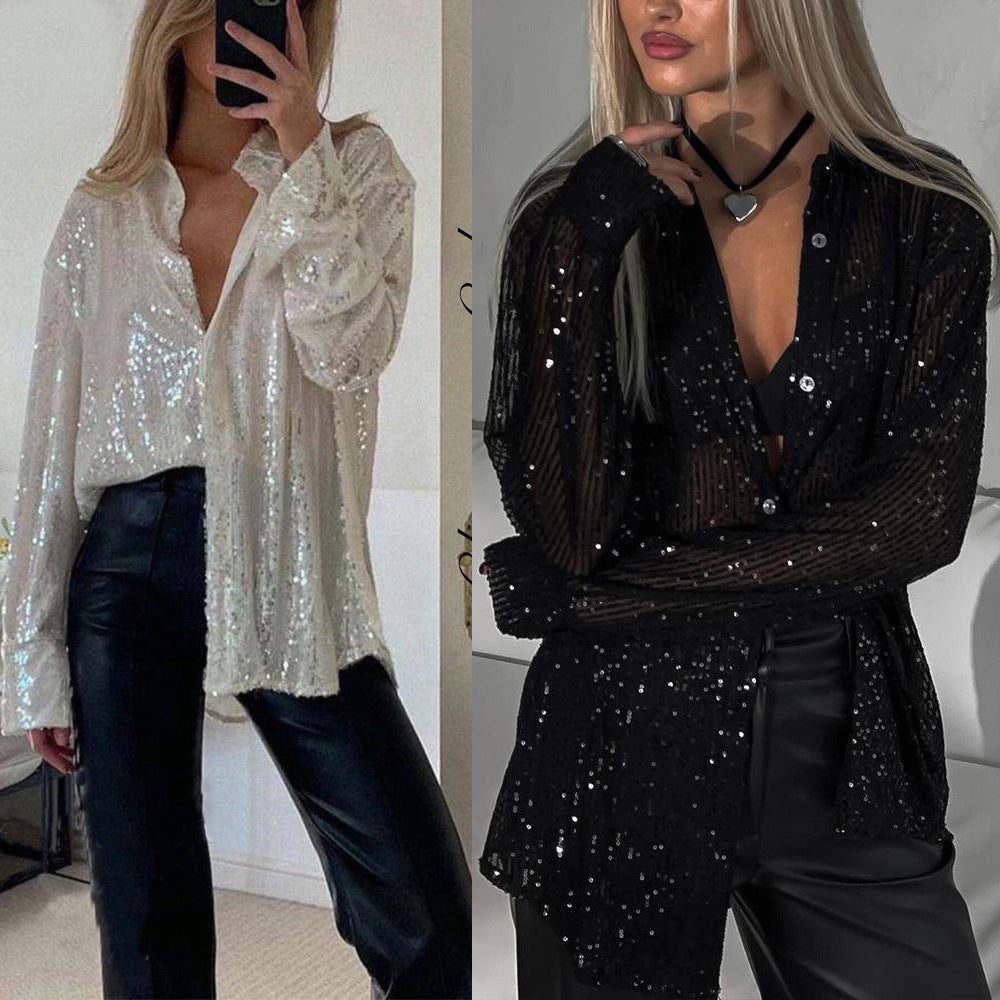 Women's Sequin Lapel Long Sleeve Sexy Shirt Blouses