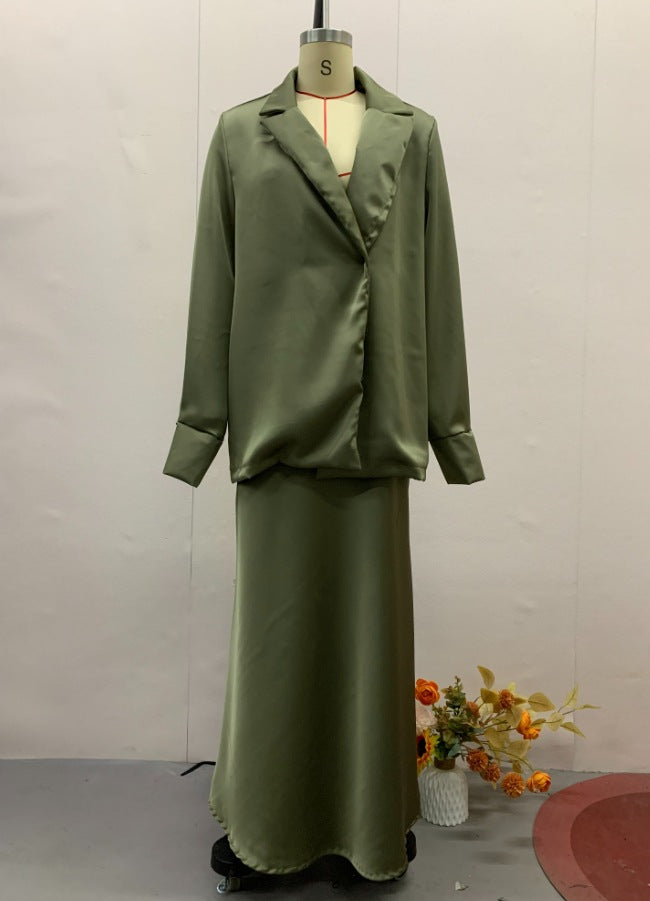 Women's Solid Color Ala Satin Long Two-piece Suits