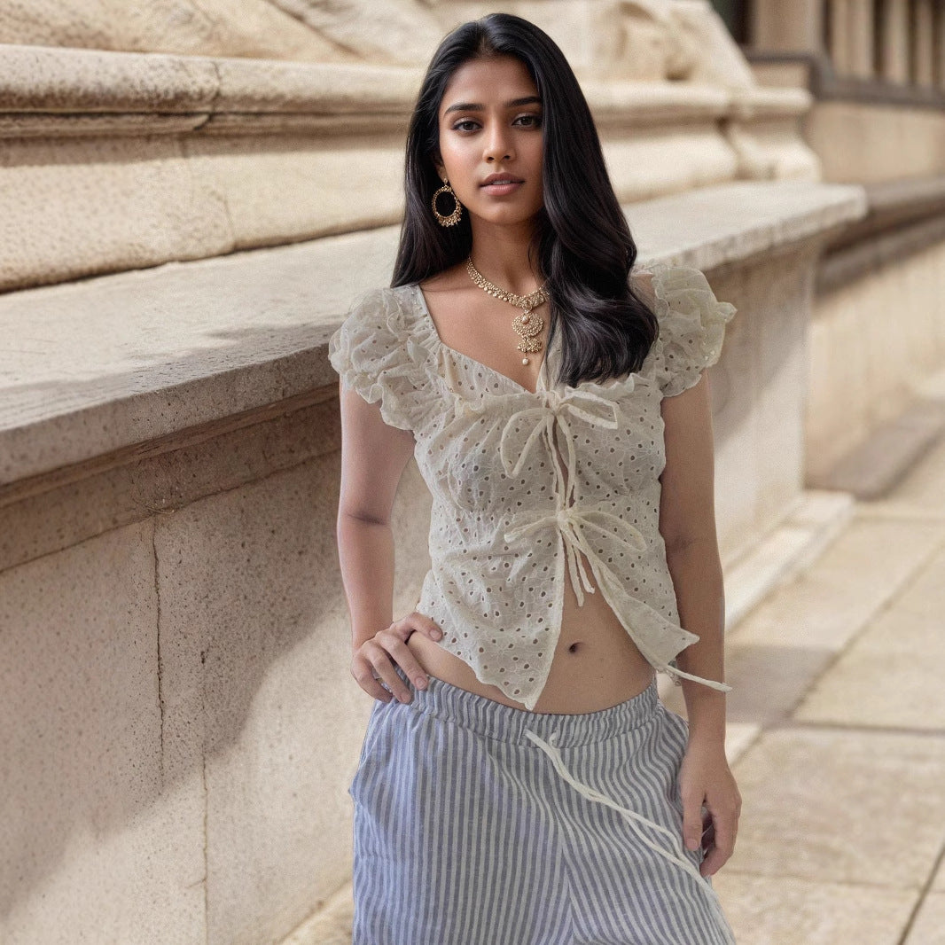 Out Strap Square Collar Puff Sleeve Blouses