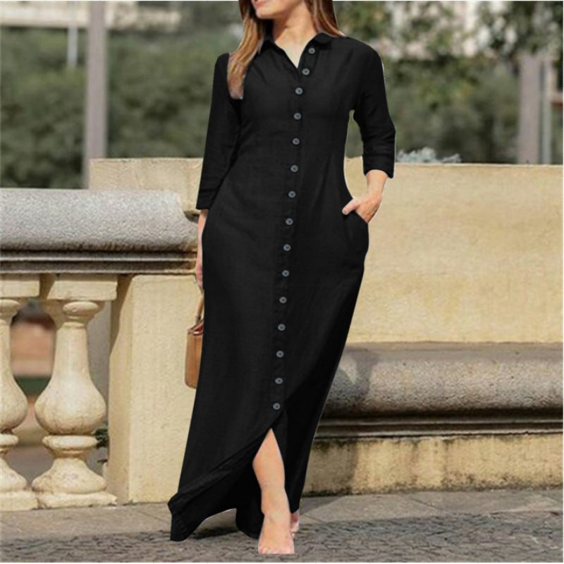 Women's Unisex Style Long Sleeve Lapel Solid Color Dresses