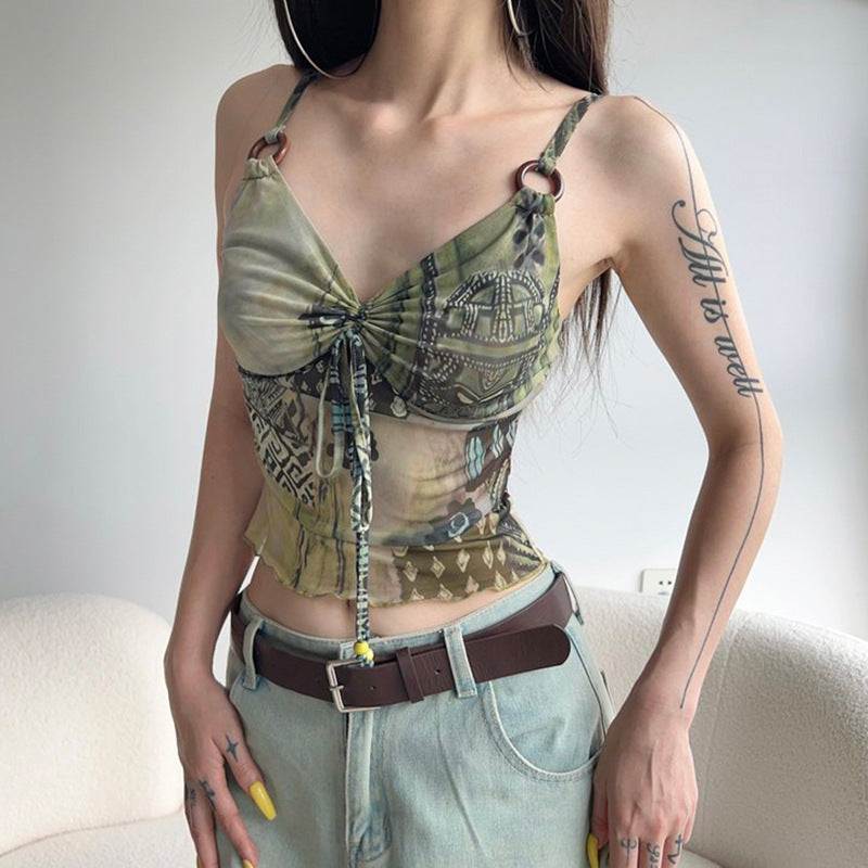 Western Wilderness Vintage Ring Bow Personality Mesh Sling Tops