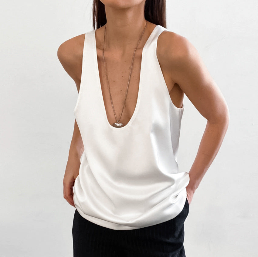 Women's Summer Solid Color Satin Sleeveless T-shirt Versatile Street Tops