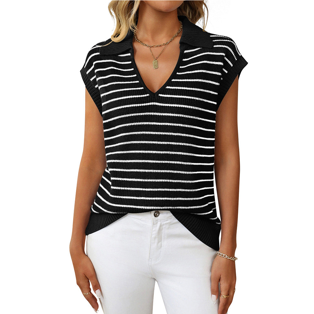 Women's Summer Knitted Casual Striped Lapel Sweaters