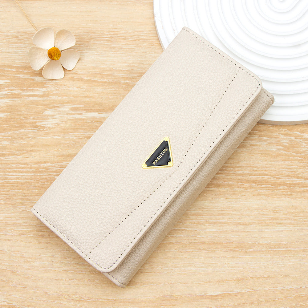 Solid Color Litchi Pattern Long Two Ladies Wallet