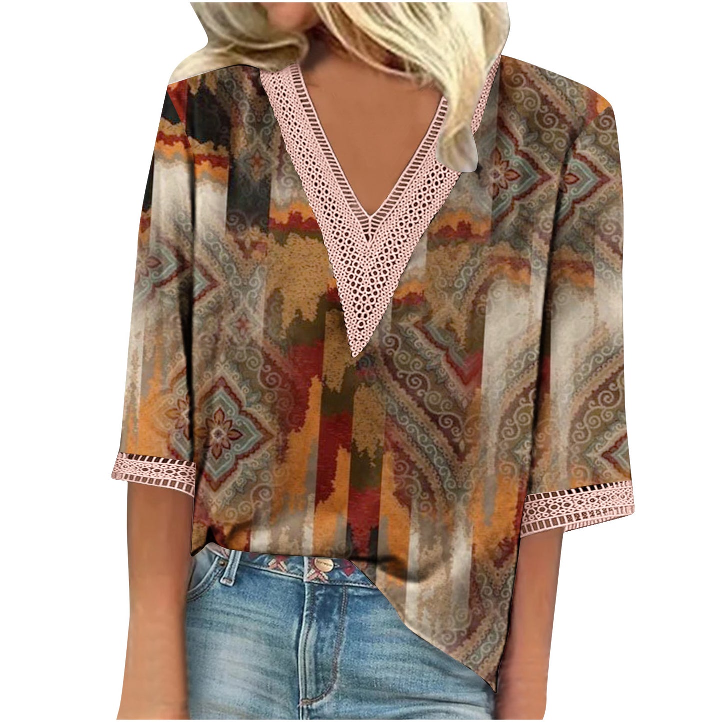 Women's Summer Printed Lace Stitching Sleeve T-shirt Blouses