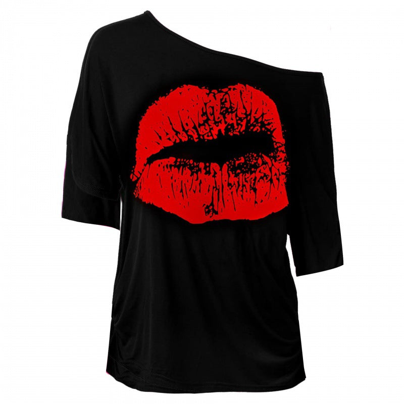 Women's Nostalgic Big Lip Printings Generation Shoulder Blouses