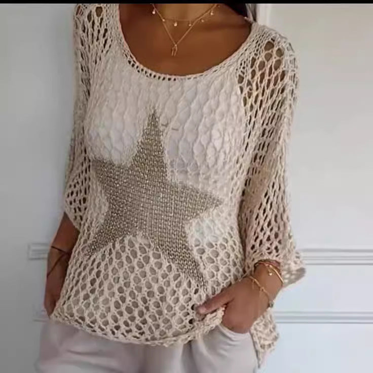 Women's Five-star Round Neck Commuter Elegant Cropped Sleeves For Sweaters