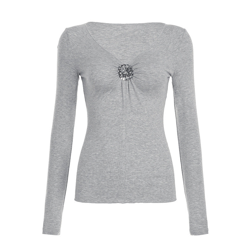 Design Sense Pleating Chest Deep Slimming Long-sleeved T-shirt Tops