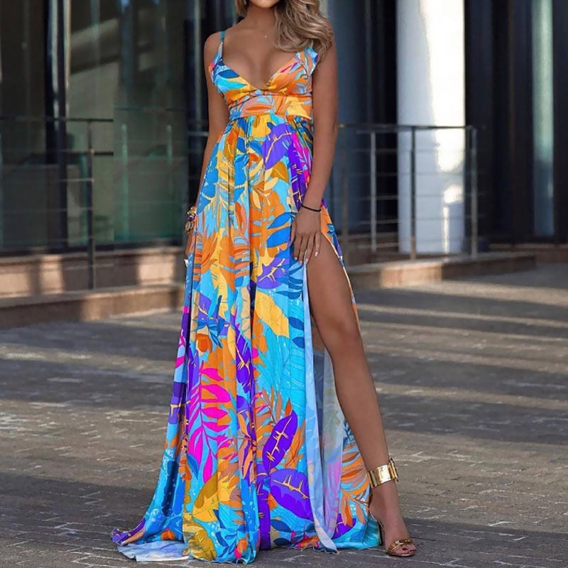 Women's Spring Leaves Four-sided Stretch Dress Bohemian Strap Dresses