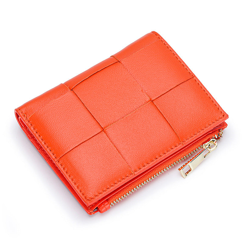 Women's Short Sheepskin Woven Fashion Folding Multifunctional Ladies Wallets