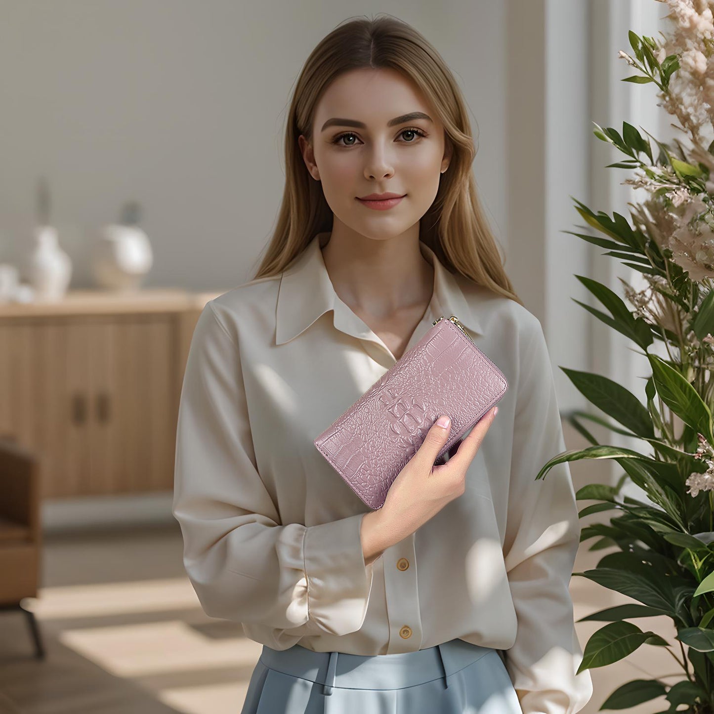 Women's Leather Long Clutch Cowhide Zip Handbags