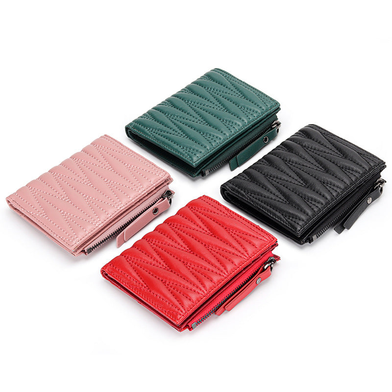 Women's Sheepskin Pleated Vertical Fashion Embroidery Short Ladies Wallets