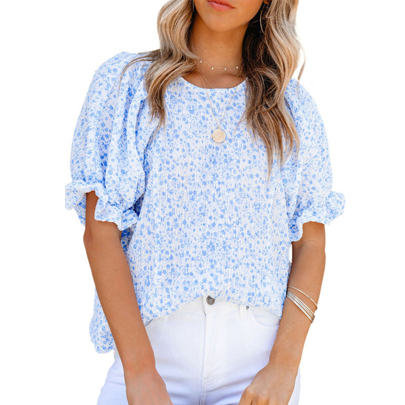 Women's Chiffon Sleeve Round Neck Printed Puff Blouses