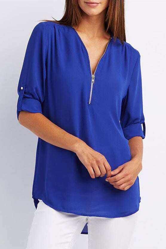 Women's Hosting Label Zipper Rollable Sleeves Chiffon Blouses