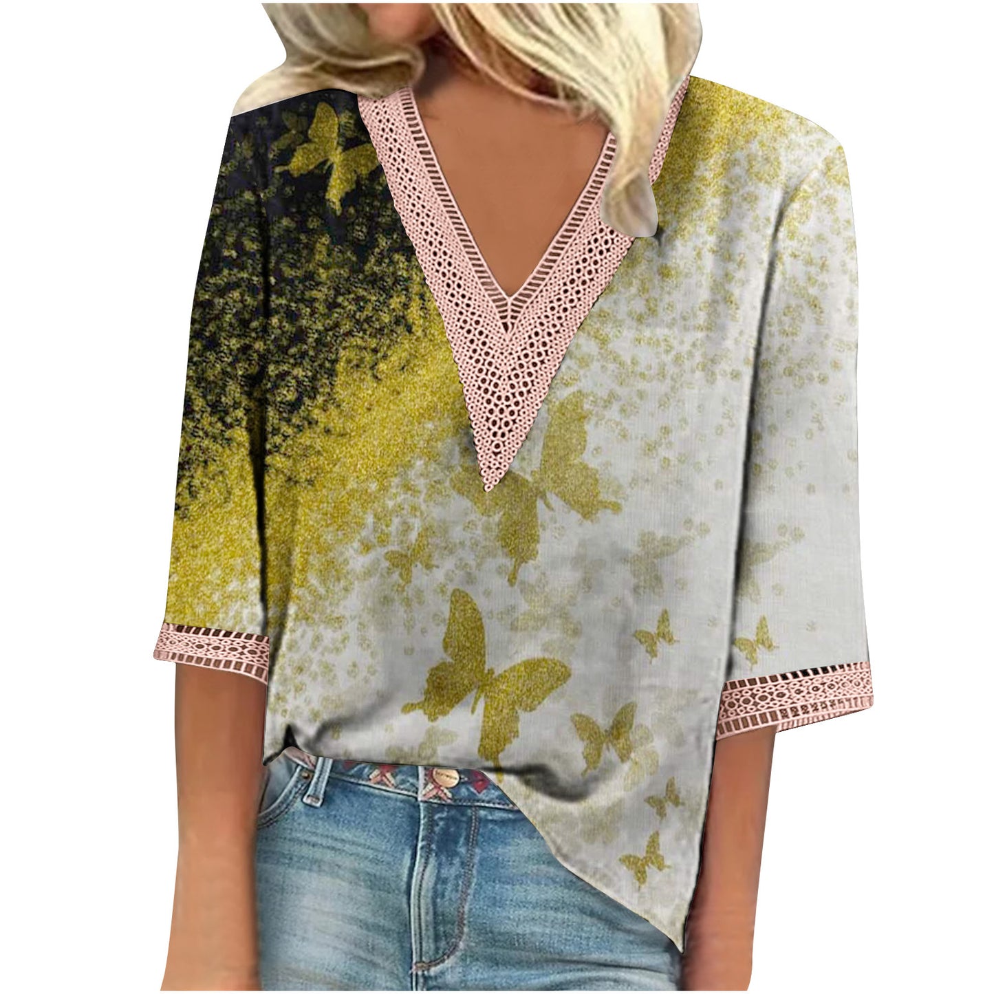 Women's Summer Printed Lace Stitching Sleeve T-shirt Blouses