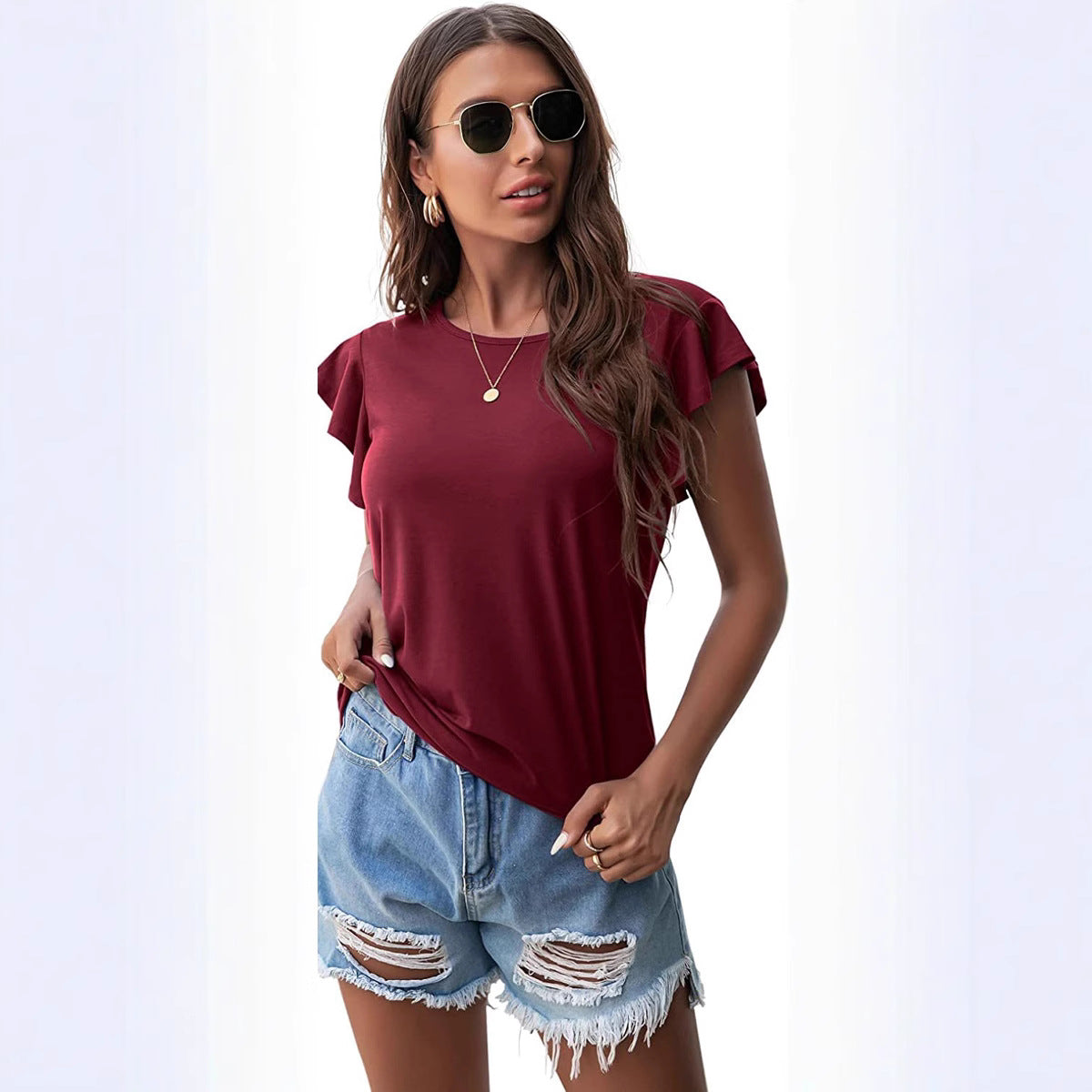 Women's Round Neck Ruffled Sleeve T-shirt Blouses