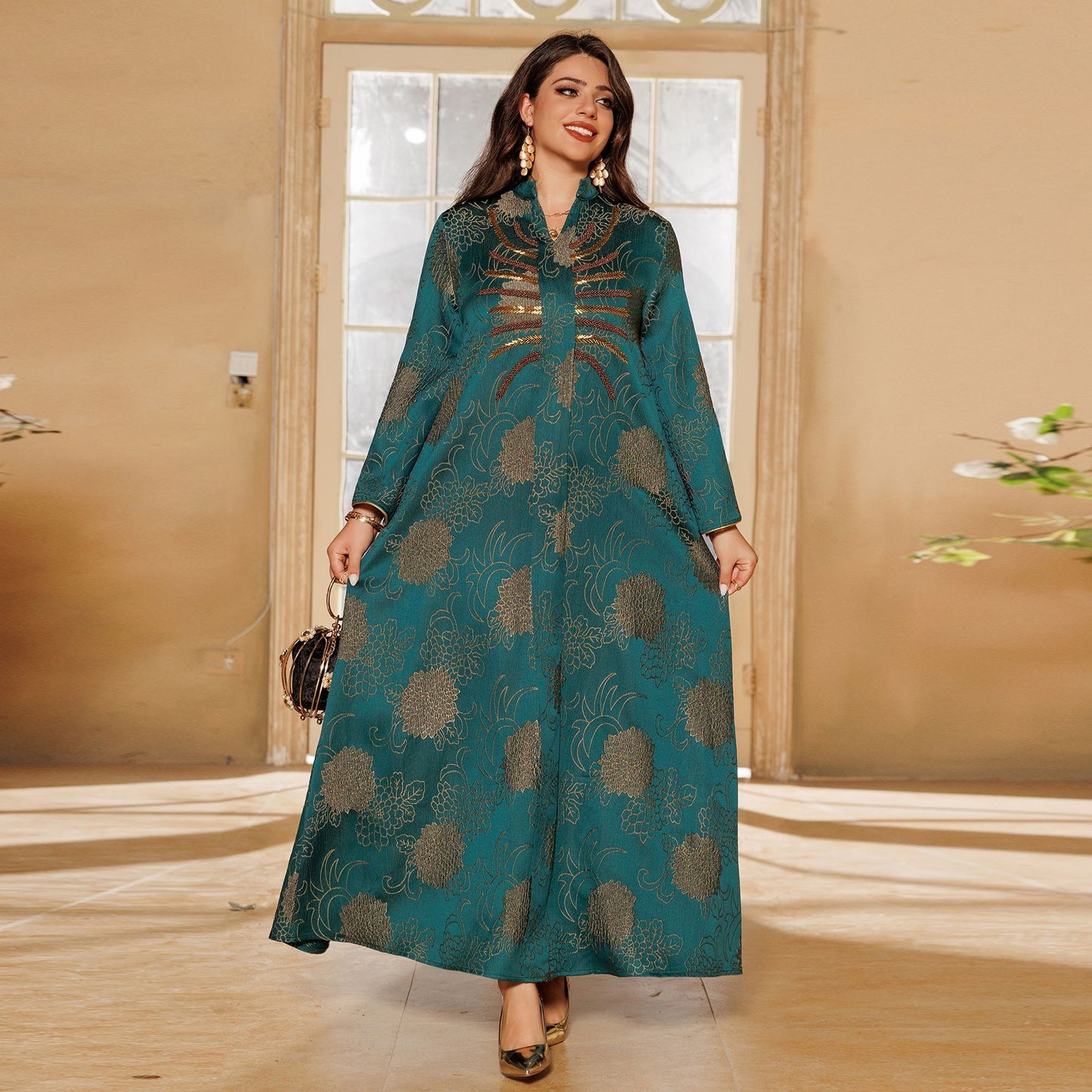 Women's Muslim Robe Dress Jacquard Beaded Clothing