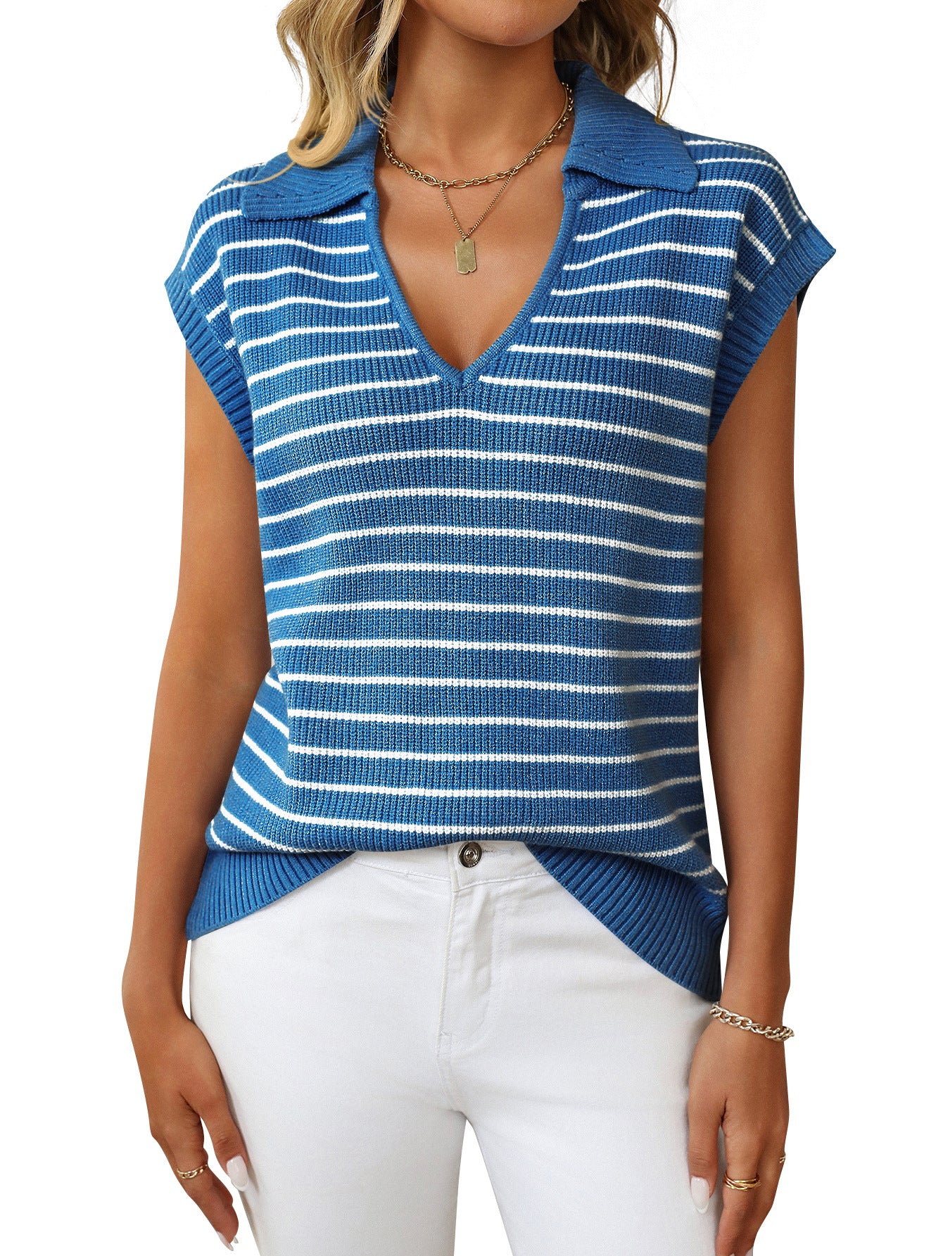 Women's Summer Knitted Casual Striped Lapel Sweaters